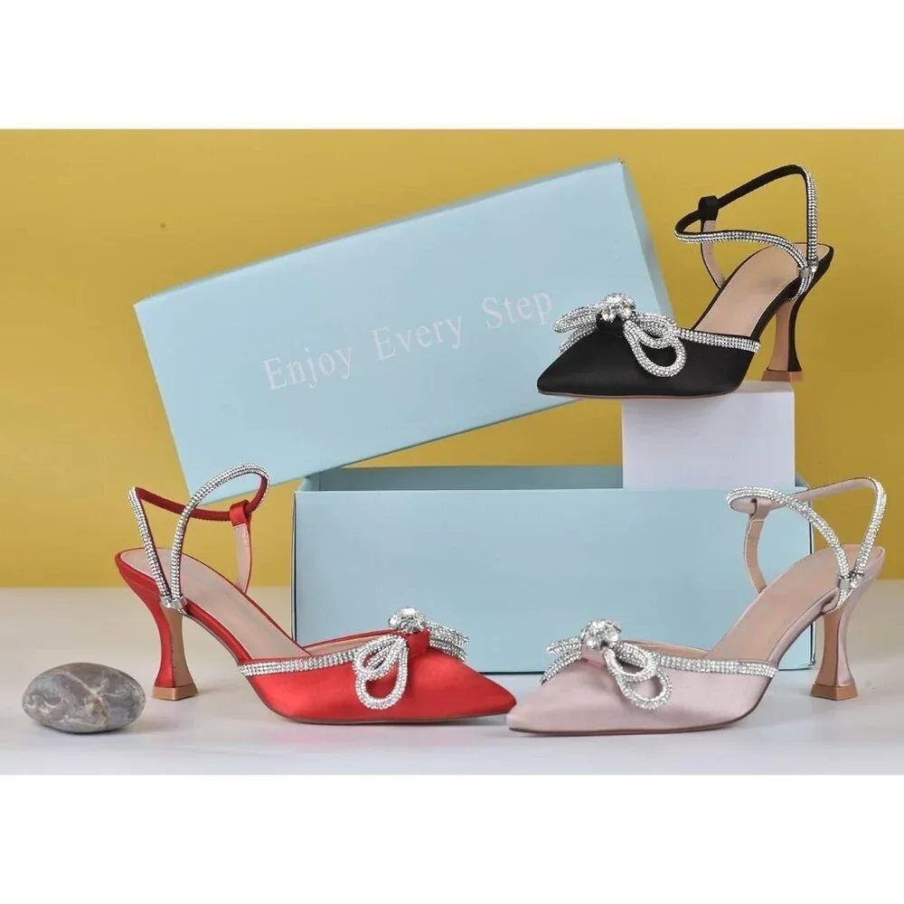 Women's Apricot Closed Toe Rhinestone Wedding Low Slingback Clear Kitten Heels